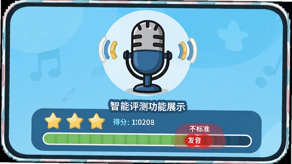 单词拼读王智能评测功能展示,界面显示一个卡通麦克风图标,下方是单词跟读评分结果,用星星和进度条展示得分,发音不标准的部分用红色标注,整体风格简洁明快,突出教学互动性