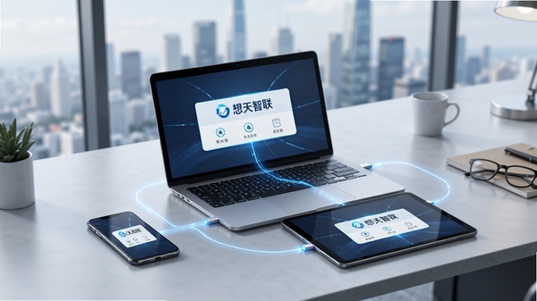 一张现代办公桌场景的俯瞰图,桌面上同时摆放着智能手机、笔记本电脑和平板电脑,三块屏幕均亮起并显示“想天智联”的连接界面,屏幕之间用发光的蓝色数据线条相连,背景是模糊的都市天际线,整体色调明亮充满科技感,画面清晰细腻,商业摄影风格