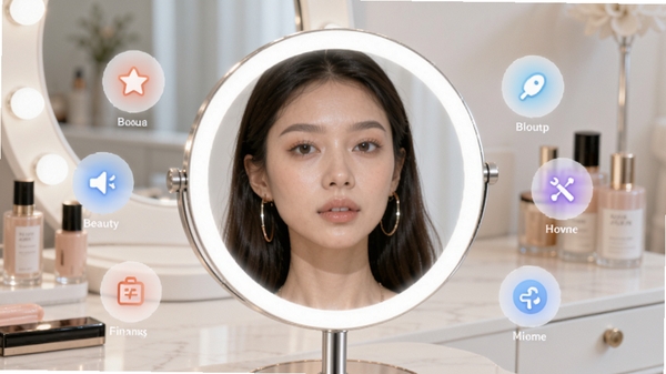 美妆美颜Beauty镜子软件主界面预览图,画面中央是高清镜面反射效果,周围环绕柔和补光光圈与功能图标,背景为简约梳妆台,整体风格明亮清晰,适配Boogu模型生成