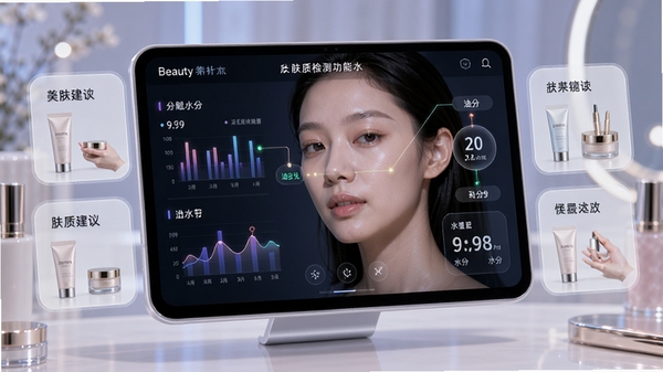 美妆美颜Beauty镜子肤质检测功能界面,屏幕显示面部皮肤分析数据图表,标注油分水分分值,周围有护肤建议卡片,设计风格科技感与柔和并存