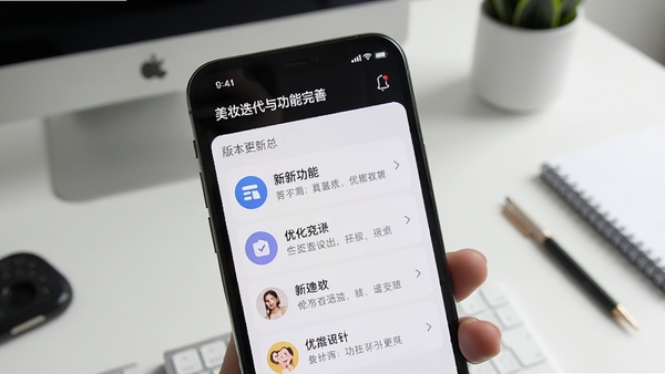 美妆修图软件版本更新日志截图,手机界面展示新功能列表与优化说明,背景为现代简约工作台,画面主体为手机屏幕特写,强调版本迭代与功能完善