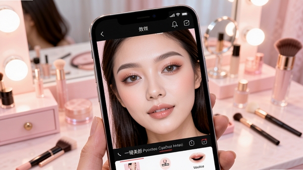 美妆修图软件核心功能展示界面,手机屏幕内呈现模特精致妆容效果,背景为柔和粉色调梳妆台,画面主体为手机应用界面特写,整体风格明亮清新,突出美妆修图软件的一键美颜与专业妆效功能