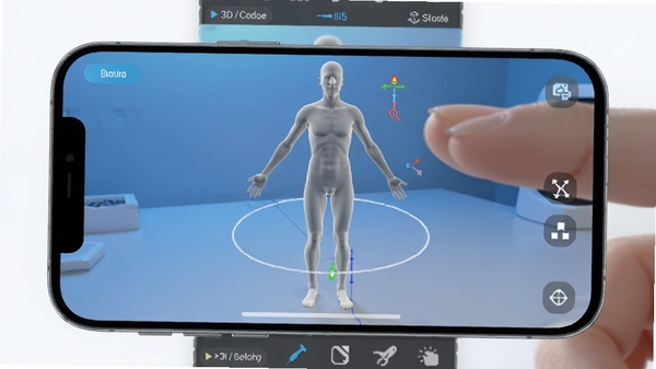 AI 3D建模软件主界面预览图,手机屏幕中显示一个半透明的人体3D模型正在被手指旋转缩放,背景为渐变蓝色科技感工作台,光线柔和,整体画面清晰干净,突出移动端建模的便捷性