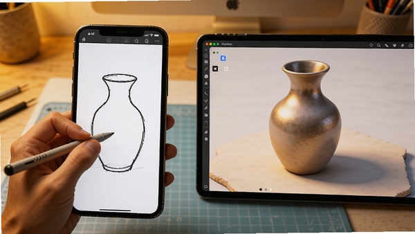 AI 3D建模草图转换功能演示图,左手持笔在手机屏幕上画出一个花瓶的平面线条,右侧屏幕同步生成一个带有光影质感的3D花瓶模型,背景为简约工作台,色彩温暖,对比鲜明