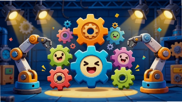Machine Party�������Ԥ��ͼ������������һ���ɲ�ɫ���ֺͻ�е����ɵĻ����ɶԳ���������������ɫ�������䣬ů��ɫ�۹�����䣬��������Ц�����飬������ͨ��Ⱦ��ɫ��������ϸ�ڷḻ���ʺ���Ϊ����������ͼ