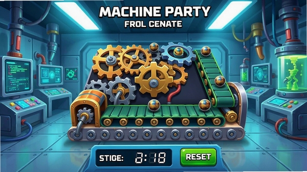 Machine Party��ս�ؿ����棬����չʾһ���ɳ��ֺʹ��ʹ���ɵĸ��ӻ�е���⣬Ŀ���ǽ�С�����͵��յ㣬�����·��в��������������ð�ť������Ϊ�����Ƽ��е�ʵ���һ������ƹ�������ɫ�ʶԱ�����