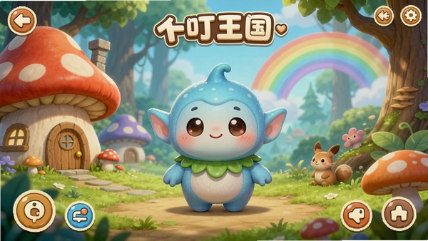 一叮王国游戏主界面预览图,画面中央是一只圆润可爱的Q版小精灵,背景是色彩明快的童话森林,有蘑菇屋和彩虹,整体风格温馨治愈,明亮通透,4k高清,游戏UI风格