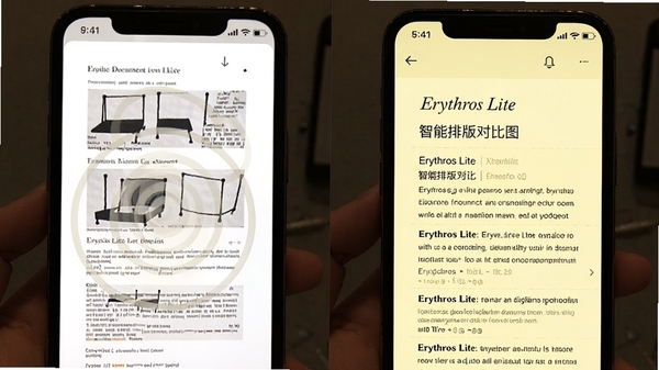 Erythros Lite �����Ű�Ա�ͼ�����ԭʼ�ĵ�������ʽ���Ҳྭ���Ű�������������ֻ���Ļ��д�������С���У��м�����ʣ���������ɫ����ģʽ������ϸ��