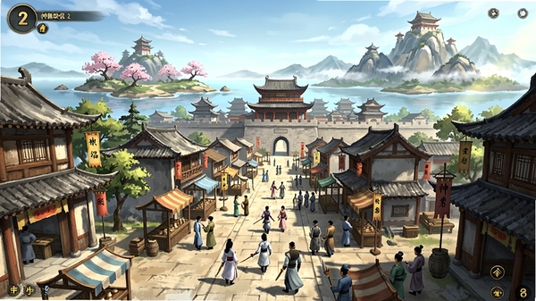 神雕侠侣2游戏主城全景截图,画面中央是襄阳城繁华街道,远处有桃花岛与终南山背景,人物角色身穿古装,使用细腻的国风水墨画风格,整体色调明亮,展现游戏宏大世界观,细节丰富,高清渲染