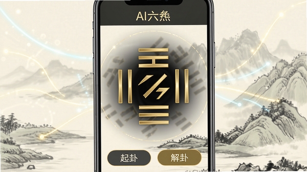 一张展示AI六爻应用界面的手机截图,画面中央显示一个动态的六爻卦象生成过程,卦象由金色线条构成,背景是淡雅的山水墨画风格,整体色调古朴而富有科技感,手机屏幕上方显示“AI六爻”字样,下方有“起卦”“解卦”按钮,画面清晰明亮,适合作为软件预览图