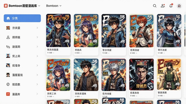 展示Bomtoon漫屋漫画库界面的设计图,左侧为分类列表,右侧为漫画封面墙,封面风格多样,色彩丰富,界面采用卡片式布局,整体美观大方