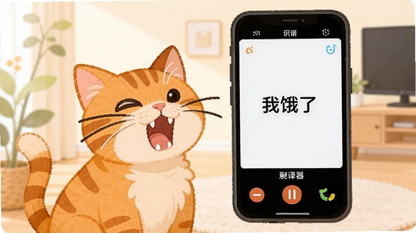 爱宠物翻译器识别猫叫的界面,一只橘猫对着手机张嘴叫,屏幕显示翻译结果“我饿了”,背景为简约室内,光线明亮,卡通风格插画