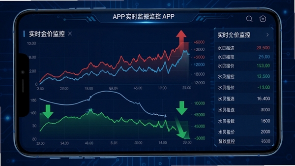 水贝搬运工APP的实时金价监控界面,屏幕上显示多条不同颜色的价格走势折线图,有红色上涨和绿色下跌标注,右侧有数据面板,背景为深蓝色科技感界面,突出数据可视化效果,图片风格清晰明亮,展示移动端实时行情监控场景