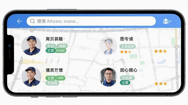 水贝搬运工APP的商家库界面,手机屏幕上显示商家列表,每个商家有头像、名称、主营品类标签和星级评分,背景为浅灰色地图风格,顶部有搜索栏,整体设计简洁商务,突出信息展示与筛选功能