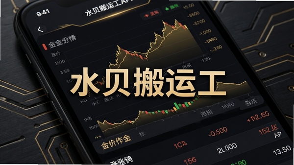 一张手机屏幕特写,屏幕上清晰显示水贝搬运工APP的行情首页,页面有金价走势图、涨跌数据列表,背景为暗色金属质感,搭配金色线条装饰,整体风格专业且富有科技感,画面中心突出APP名称水贝搬运工,适配竖屏手机比例