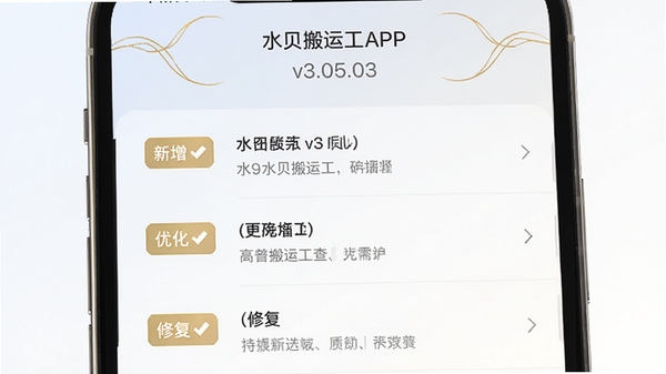 水贝搬运工APP的更新日志界面,手机屏幕上显示版本更新内容列表,有新增、优化、修复的小标签,背景为浅色渐变,整体风格简洁清晰,突出文字信息,画面中显示版本号v3.05.03,配以金色装饰线条