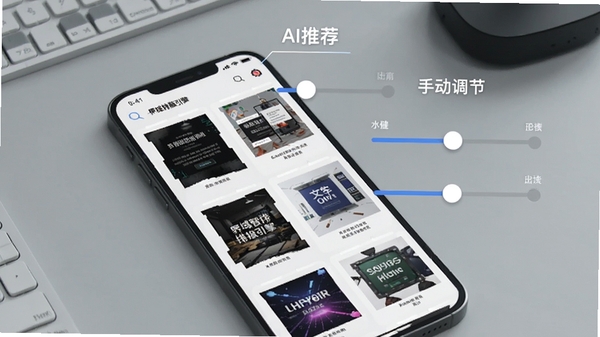 文字界域智能排版引擎功能展示,手机屏幕中显示多种自动生成的排版方案缩略图,背景为浅灰色工作台,画面重点突出AI推荐与手动调节滑块