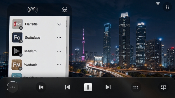 手机收音机广播FM应用主界面预览图,展示简洁的电台列表和播放控制区域,背景为现代都市夜景,营造随时随地收听广播的氛围