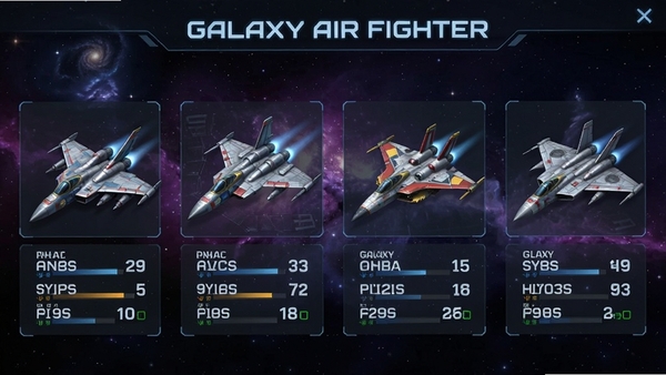 Galaxy Air Fighterս��ѡ����棬չʾ��ͬ���͵�ս����ÿ��ս���·���ע������ֵ������Ϊ������ƣ�������Ƽ�����ˣ��ʺ�չʾ��Ϸ��ɫ������