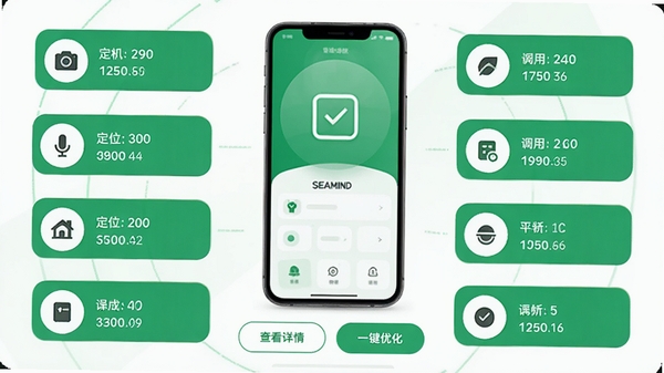 Seamind��˽Ȩ�޼�ؽ��棬����Ϊ�ֻ�ģ�ͣ���Χ���Ƹ���Ȩ��ͼ�꣨�������λ����˷�ȣ���ÿ��ͼ����ʾ�����õĴ������·��С��鿴���顱�͡�һ���Ż�����ť��������ɫ������ɫ���ɫ�����ݰ�ȫ�ɿ��ĸо�