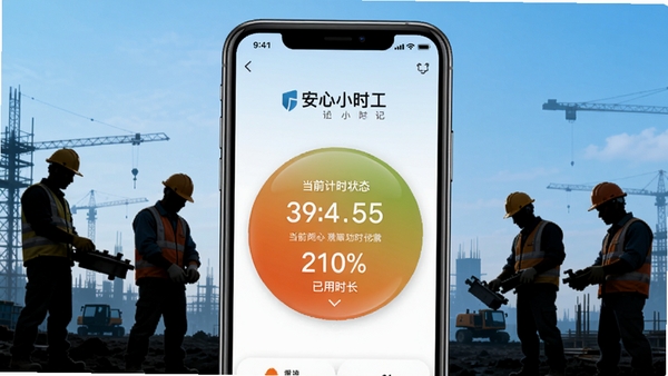安心小时工记工时手机应用的一键计时功能界面,大按钮设计,显示当前计时状态和已用时长,背景为工地上辛勤工作的工人剪影,色彩鲜明,突出简单易用的特点,画面主体为手机界面,背景为浅蓝色渐变,适配Boogu模型生成。