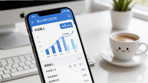 一部智能手机屏幕上显示安心小时工记工时软件主界面,界面中有清晰的工作时长统计图表、今日收入金额、项目列表,背景是整洁的办公桌和一杯咖啡,整体风格明亮简洁,突出实用与高效,画面主体为手机屏幕特写,背景虚化处理,适配Boogu模型生成。