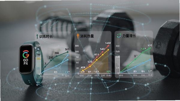 GeFit数据统计图表界面,展示训练时长、消耗热量和力量增长曲线,背景为运动手环与哑铃,突出数据分析功能