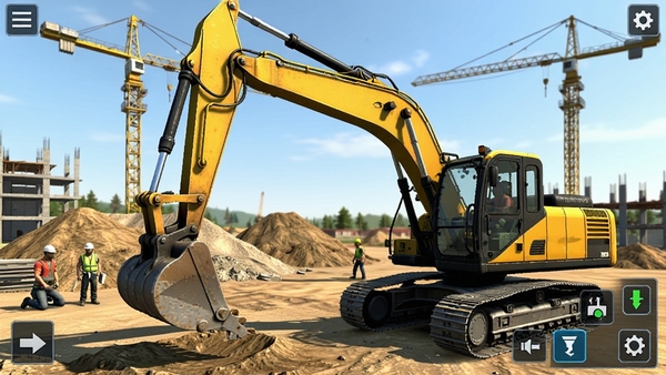 Machinery Simulator 游戏主界面截图,展示一台黄色挖掘机在建筑工地上作业,背景有塔吊和堆土,画面风格写实,色彩明亮,光影自然,突出机械细节与操作界面按钮
