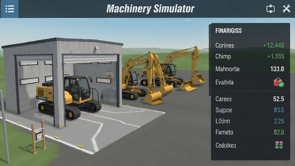 Machinery Simulator 经营界面,显示机械车库和财务数据面板,背景是多个工程车辆排列,界面风格简洁,数据清晰,突出管理玩法