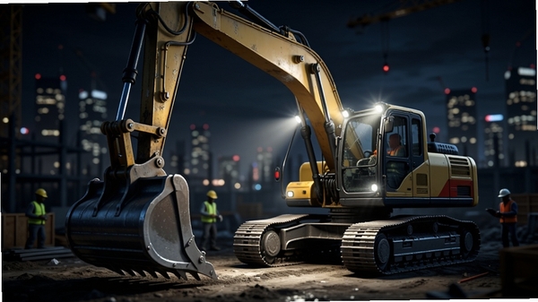 Machinery Simulator 游戏画面,展示一辆大型挖掘机在夜间工地作业,车灯照亮前方,背景有城市灯光,画面细腻,光线效果突出