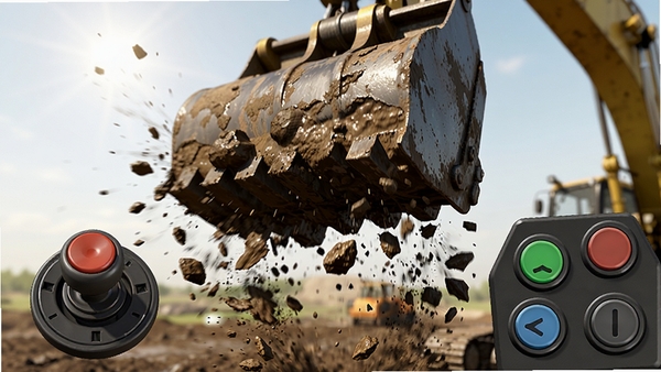 Machinery Simulator 操作界面特写,显示虚拟摇杆和按钮,背景是挖掘机铲斗挖起泥土的瞬间,泥块飞溅,光影真实,突出物理反馈细节