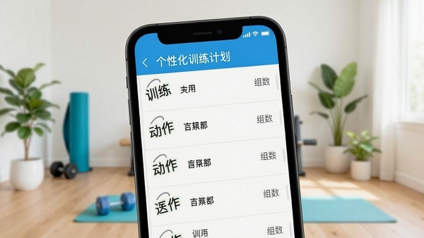 口袋教练个性化训练计划界面,手机屏幕显示周计划列表,包含训练日期、动作名称和组数,背景为简约家居健身环境,色调明快清晰
