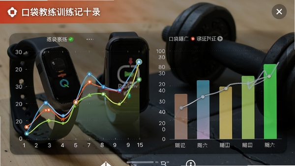 口袋教练训练记录图表界面,显示折线图和柱状图,背景为运动手环和哑铃,色彩对比鲜明,突出数据可视化效果