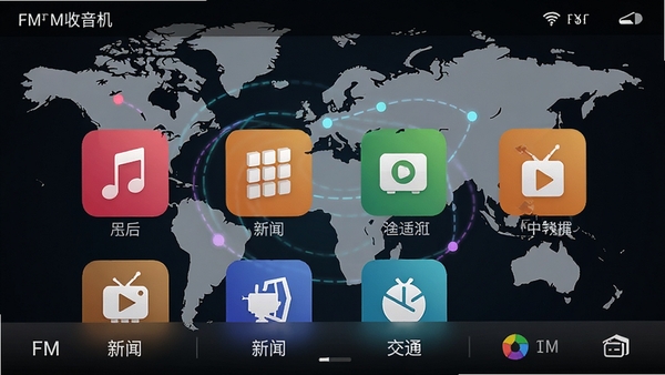 功能展示图:FM收音机应用内电台分类列表界面,屏幕显示音乐、新闻、交通等彩色分类图标,背景为世界地图轮廓,象征着全球电台聚合,画面清晰明亮,突出海量内容与便捷分类,FM收音机界面元素精致。