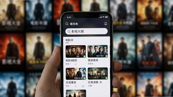 影视大全免费搜索功能演示,画面中手机屏幕显示搜索框,输入电影名称后下方出现多个播放源选项,背景为模糊的影视海报墙,体现聚合搜索的便捷性,风格写实,光线柔和