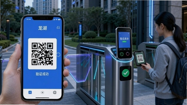 ����APP�����Ž�������ʾ���ֻ���Ļ��ʾ��ά��ͨ���룬������С������բ�����Ա��зÿ�����ɨ�룬�Ž���Ļ��ʾ����֤�ɹ���������ɫ���Ƽ���ʮ�㣬ͻ����ȫ��Ч��ͨ�����顣