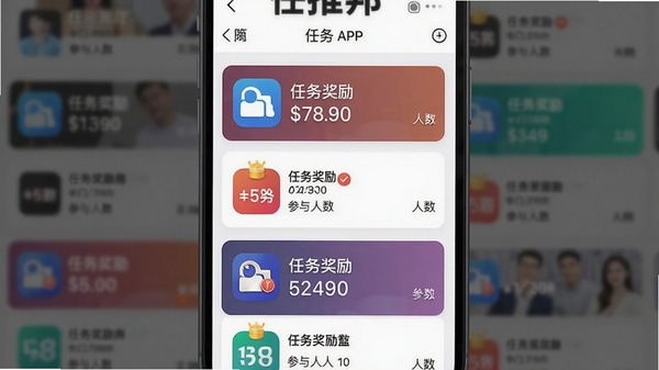 任推邦APP内任务大厅界面截图,瀑布流形式展示各类推广任务卡片,每张卡片清晰标注APP图标、任务奖励金额与参与人数,背景虚化处理,突出任务信息的丰富与整齐