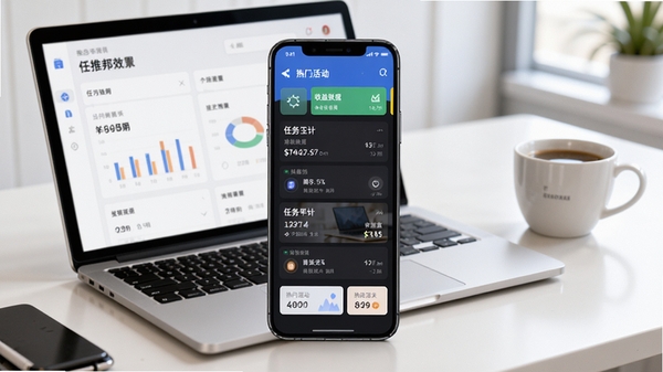 任推邦APP推广平台主界面预览图,手机屏幕内展示清晰的任务列表、收益数据看板与热门活动入口,背景为简约现代的工作桌面,配有笔记本电脑与咖啡杯,整体风格明亮写实,突出高效与专业的推广氛围