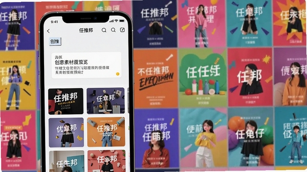 任推邦APP素材库功能预览,手机界面展示创意文案编辑框与多张精美的宣传图片素材缩略图,背景为五彩斑斓的营销海报墙,画面色彩丰富,展现内容创作的多样性与便捷性