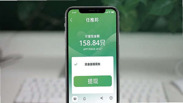 任推邦APP收益提现界面示意,手机屏幕展示可提现余额数字与醒目的提现按钮,背景为简洁的绿色渐变,象征安全与资金到账的喜悦,整体风格清爽直观