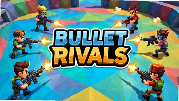 Bullet Rivals游戏主视觉图,俯视角射击战场,多个卡通风格角色持枪对峙,背景为色彩鲜明的多边形竞技场,画面中央突出游戏Logo,整体风格明快动感,适合作为游戏宣传封面