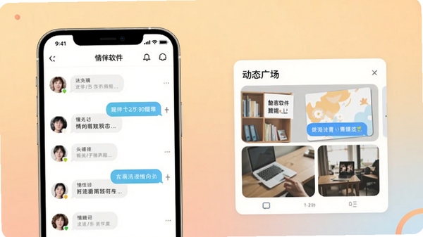 情伴软件主界面预览图,展示其简洁清新的聊天列表与动态广场,背景为柔和的渐变色,前景突出手机界面中的用户头像与对话气泡,整体风格温馨明亮,适配Boogu模型生成