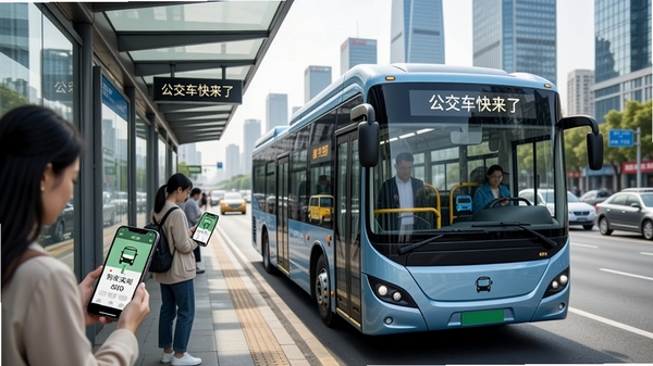 一辆现代城市公交车正驶入站台,站台上有几位乘客正在查看手机,手机屏幕显示公交实时位置与到站倒计时,画面背景为繁华的城市街道与高楼大厦,整体风格明亮写实,突出便捷出行主题,包含“公交车快来了”字样。
