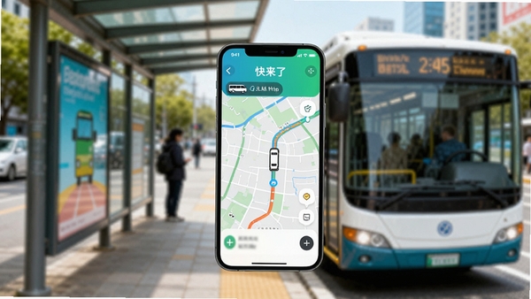 智能手机与公交车合影,手机屏幕显示公交车快来了App的实时地图界面,背景为模糊的城市公交站台,色彩明亮,突出新版本优化后的流畅体验。