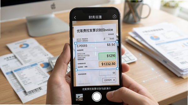 优氙费控发票识别功能演示,手机镜头对准一张增值税普通发票,屏幕上自动框选出发票代码与金额区域,背景为办公桌面散落的票据和文件,光线明亮柔和,突出AI识别与财务数字化的科技感,画面细节丰富,色彩自然