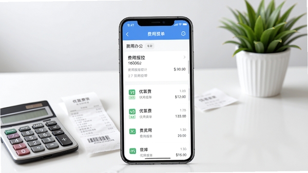 优氙费控软件界面总览图,画面中央是一部智能手机展示费用报销单据列表页面,背景为浅灰色渐变办公环境,桌面上有计算器、票据和绿植,整体风格明亮简洁,突出移动办公与数字化财务管理的主题,画质清晰,构图平衡