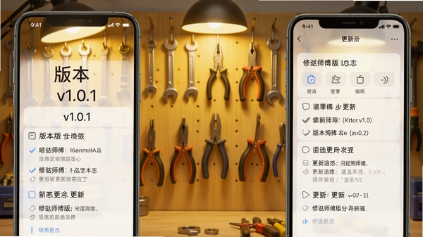 ����ʦ�������°������־��ͼ��չʾ�ֻ�APP�ڰ汾����˵��ҳ�棬����Ϊ����ǽ�������������ά�޹��ߣ�ů��ɫ�ƹ⣬����ɾ���ͻ���汾��v1.0.1������������֣���Լ�Ű�