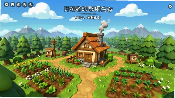 游戏主界面全景图,展示《开拓者的悠闲生存(有转化桌)》的广阔地形,画面中央是一座玩家建造的温馨小屋,周围环绕着农田与树林,背景是蓝天白云与远处的山脉,整体风格明亮、卡通、治愈,细节丰富,适配Boogu模型生成