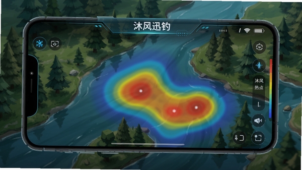 沐风迅钓钓点热力图界面,地图上显示红黄蓝颜色标记的鱼情热区,周围有河流与树木,手机界面半透明悬浮,整体风格科技感与自然融合,软件名称沐风迅钓出现在屏幕顶部