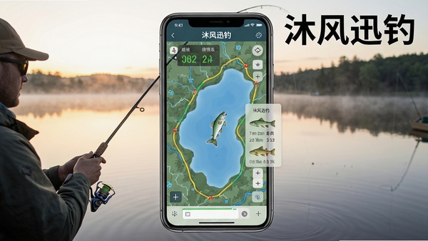 沐风迅钓主界面展示,手机屏幕中显示湖泊地图与鱼情数据浮窗,背景为清晨水边钓鱼场景,光线柔和,画面细节丰富,风格写实清晰,软件名称沐风迅钓醒目显示